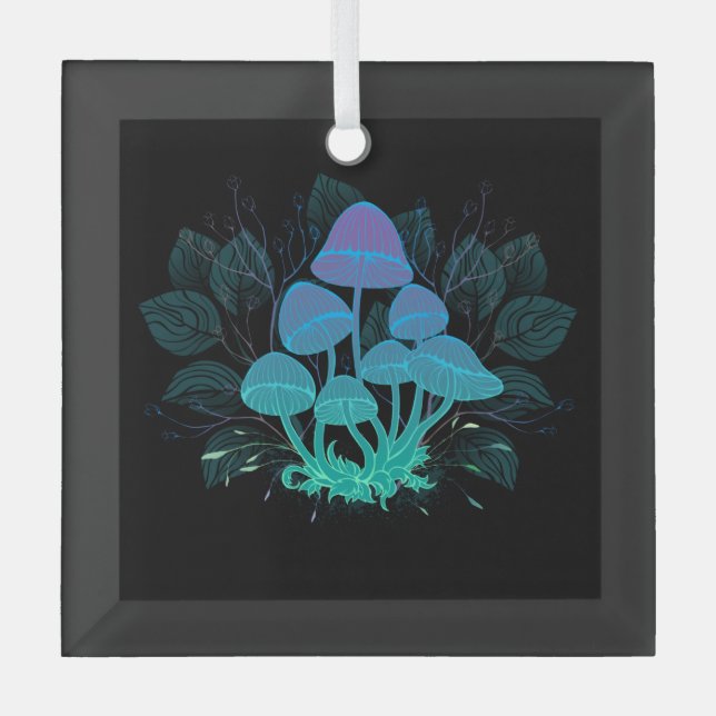 Toadstools in Bushes Glass Ornament (Front)