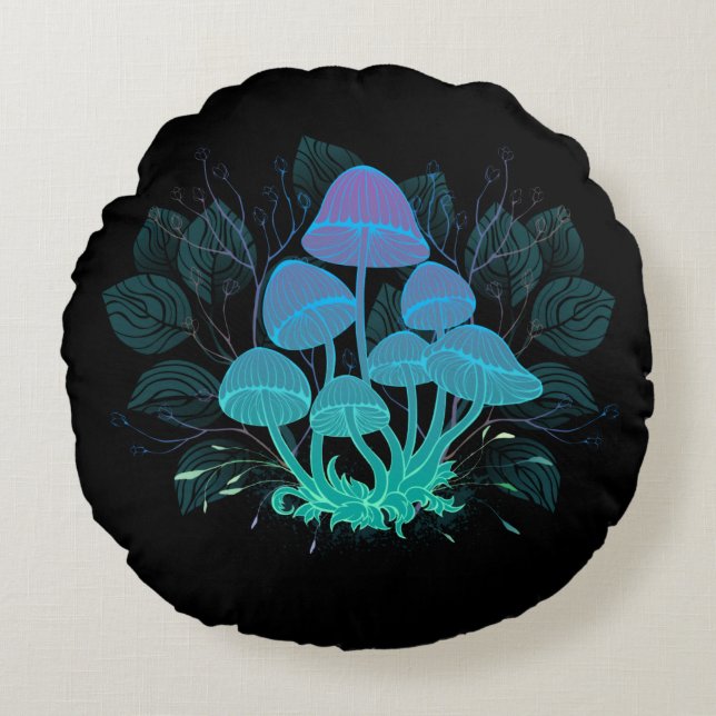 Toadstools in Bushes Round Pillow (Front)