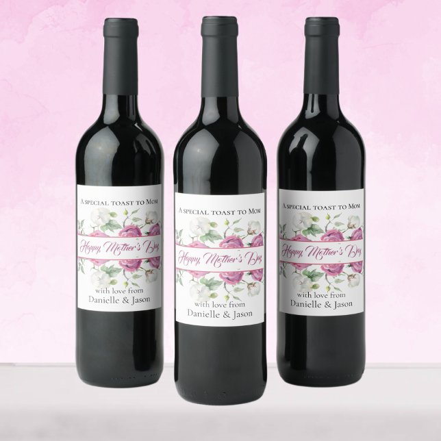 Toast to Mom Floral Mother's Day Wine Label (Creator Uploaded)