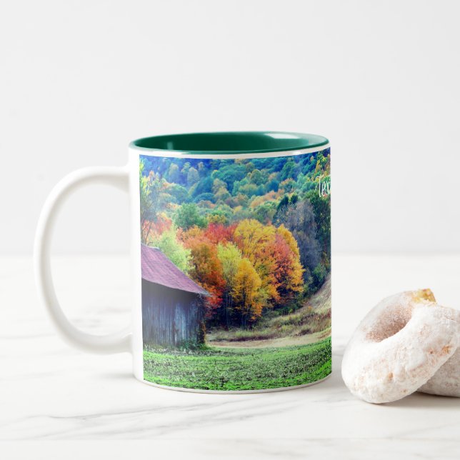 Tobacco Barn Fall Foliage Personalized Two-Tone Coffee Mug (With Donut)