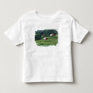 Tobacco crop and pair of red tobacco barns near toddler t-shirt