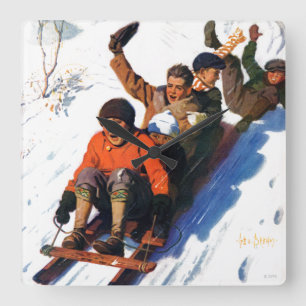 Tobagganing Square Wall Clock