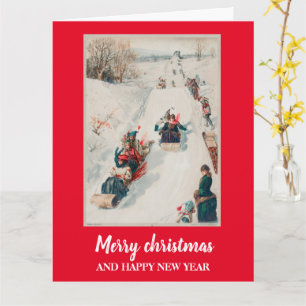 Tobogganing" chromolithograph- Christmas Holiday Card