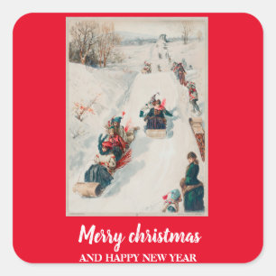 Tobogganing" chromolithograph- Christmas Holiday Square Sticker