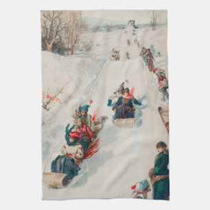 "Tobogganing", Chromolithograph, Louis Prang & Co. Kitchen Towel