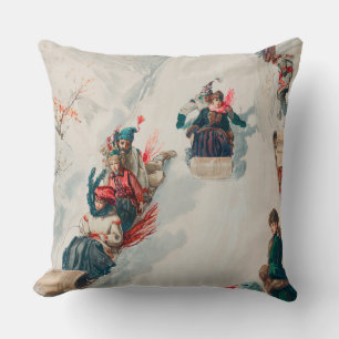 "Tobogganing", Chromolithograph, Louis Prang & Co. Throw Pillow