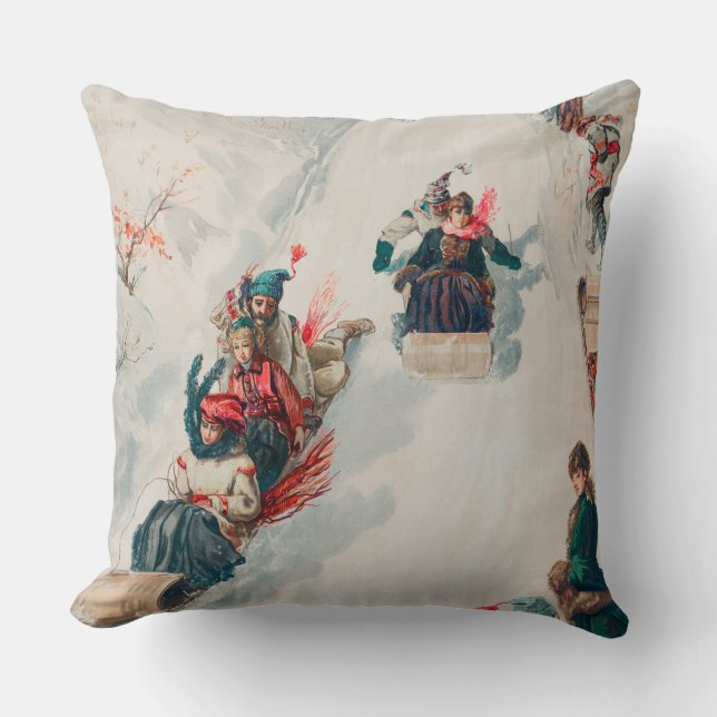 "Tobogganing", Chromolithograph, Louis Prang & Co. Throw Pillow (Front)