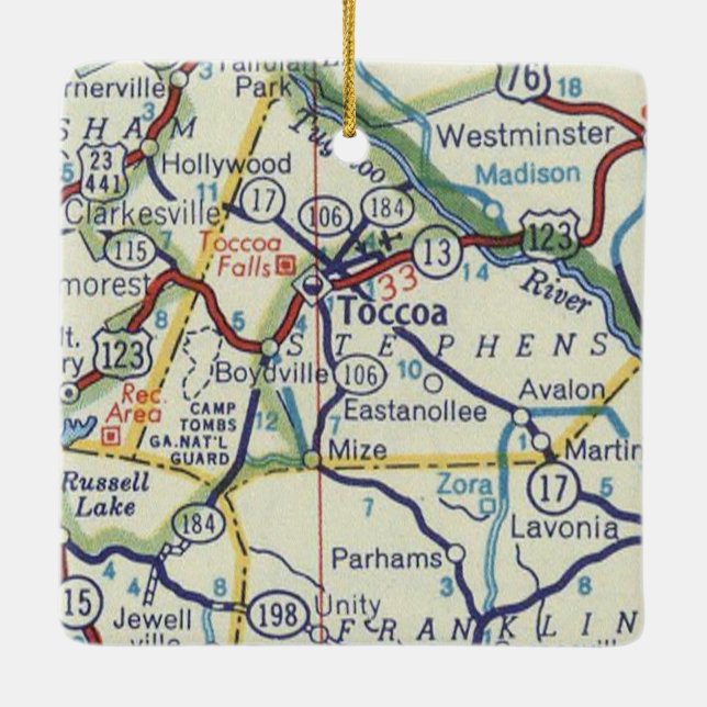 Toccoa GA Vintage Map Ceramic Ornament (Back)