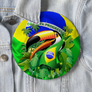 Toco Toucan with Brazil Flag 6 Inch Round Button