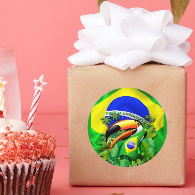 Toco Toucan with Brazil Flag  Classic Round Sticker (Party)