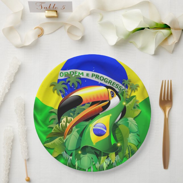 Toco Toucan with Brazil Flag  Paper Plate (Wedding)