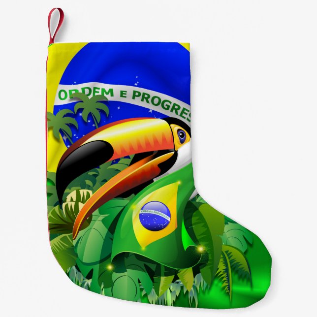 Toco Toucan with Brazil Flag  Small Christmas Stocking (Front)