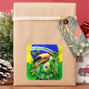 Toco Toucan with Brazil Flag Tie Square Sticker