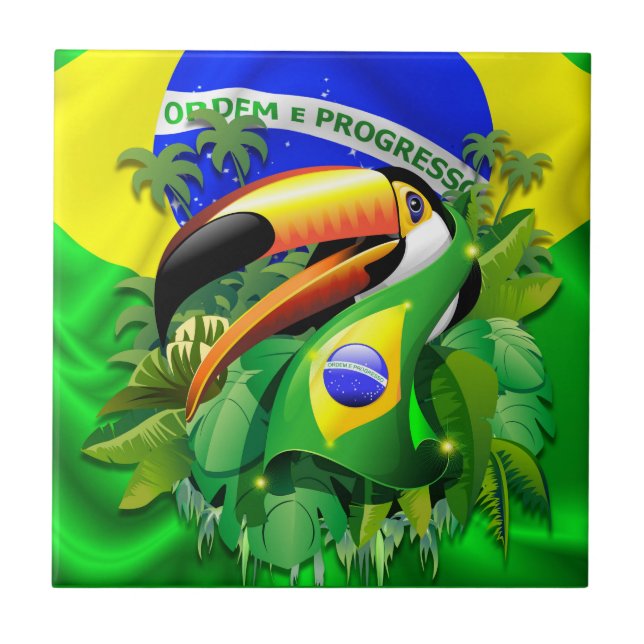 Toco Toucan with Brazil Flag  Tile (Front)