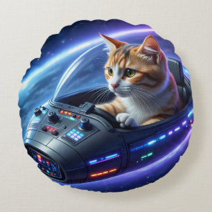 TOCOCLAWS Galactic Pilot: Space Cat Round Accent  Pillow