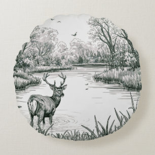 TOCOCLAWS Nature Series - Serene Stag Lake Illustr Round Pillow