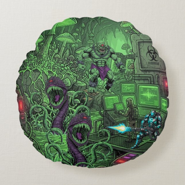TOCOCLAWS Toxic Cavern Lab - Biohazard Monster Bat Round Pillow (Front)