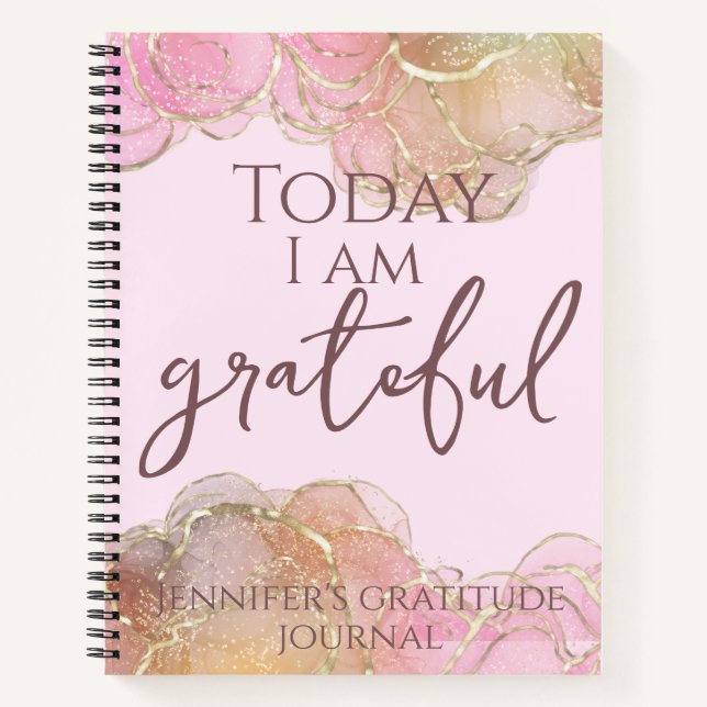 Today I Am Grateful Modern Pink Ink Faux Glitter Notebook (Front)