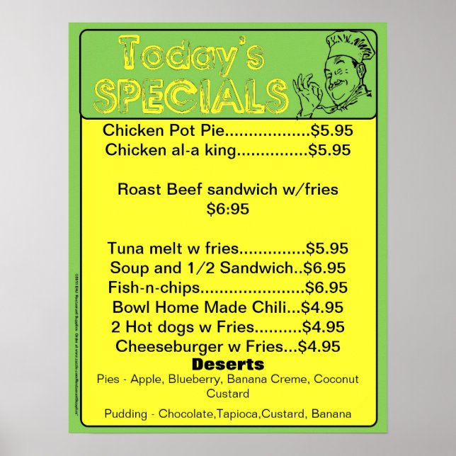 Today's Special Menu Poster - restaurant supplies (Front)