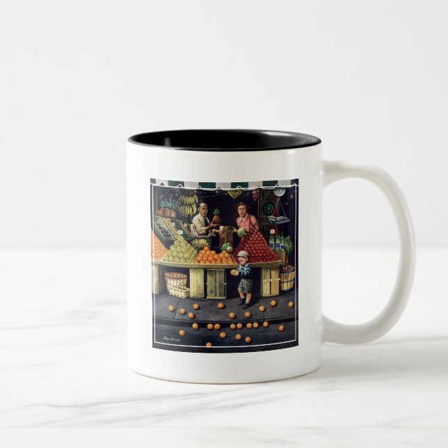 Toddler and Oranges Two-Tone Coffee Mug (Right)