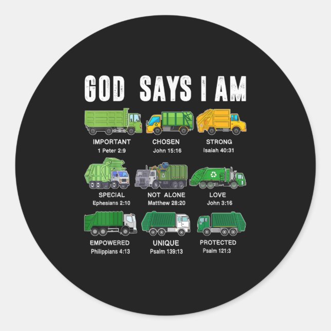 Toddler Boy God Says I Am Garbage Truck Jesus Brot Classic Round Sticker (Front)