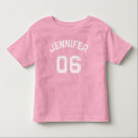 Toddler Girl Name Jersey Number Sports Pink Cotton Toddler T-shirt<br><div class="desc">Create your own custom, personalized, cool, unisex sizing, modern, stylish white typography / font / script, monogrammed player name jersey number girly baby pink, 100% combed ring spun fine jersey soft cotton t-shirt tee shirt. Simply type in your name / kids name / player name and player jersey number, to...</div>