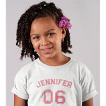 Toddler Girl Pink Name Jersey Number Sports Cotton Toddler T-shirt<br><div class="desc">Create your own custom, personalized, cool, unisex sizing, modern, stylish pink typography / font / script, monogrammed player name jersey number white, 100% combed ring spun fine jersey soft cotton t-shirt tee shirt. Simply type in your name / kids name / player name and player jersey number, to customize. Makes...</div>