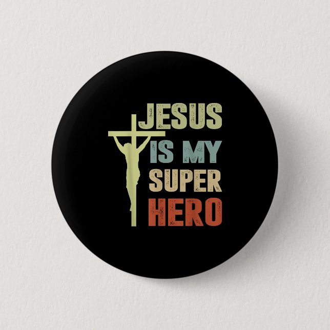 Toddler Jesus Is My Superhero Christian God Son Br 2 Inch Round Button (Front)
