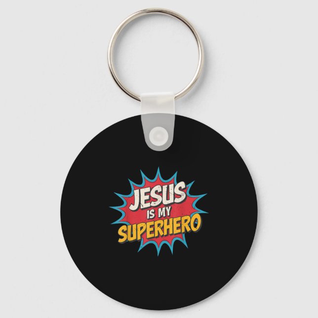 Toddler Jesus Is My Superhero Christian God Son Br Keychain (Front)