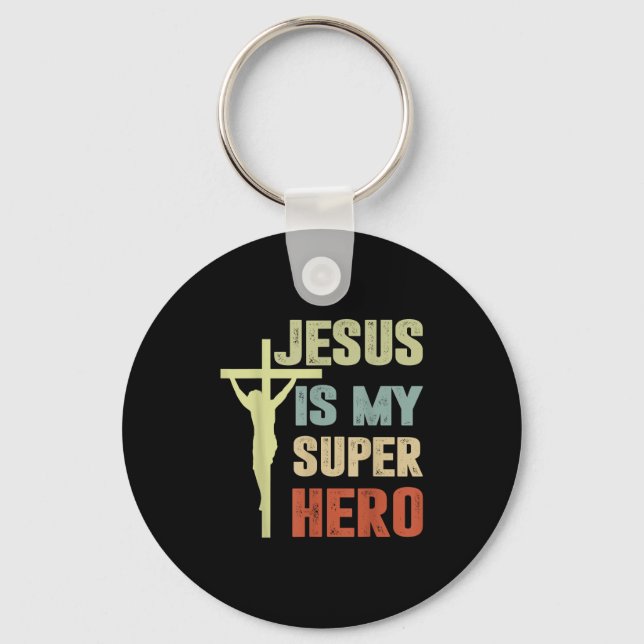 Toddler Jesus Is My Superhero Christian God Son Br Keychain (Front)