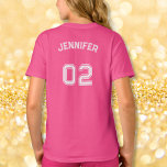 Toddler Teen Girl Name Jersey Number Pink Sports T-Shirt<br><div class="desc">Create your own custom, personalized, cool, unisex sizing, modern, stylish white typography / font / script, monogrammed player name jersey number pink, pre-shrunk 100% ComfortSoft® soft cotton t-shirt tee shirt. Simply type in your name / kids name / player name and player jersey number, to customize. Makes a great gift...</div>