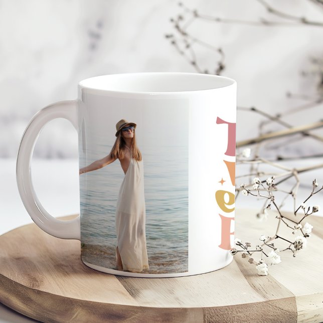 "Todo Va a estar Bien" 2 Custom Photos Groovy Coffee Mug ("Todo Va a estar Bien" 2 Custom Photos Groovy Coffee Mug on a boho wooden kitchen table.)
