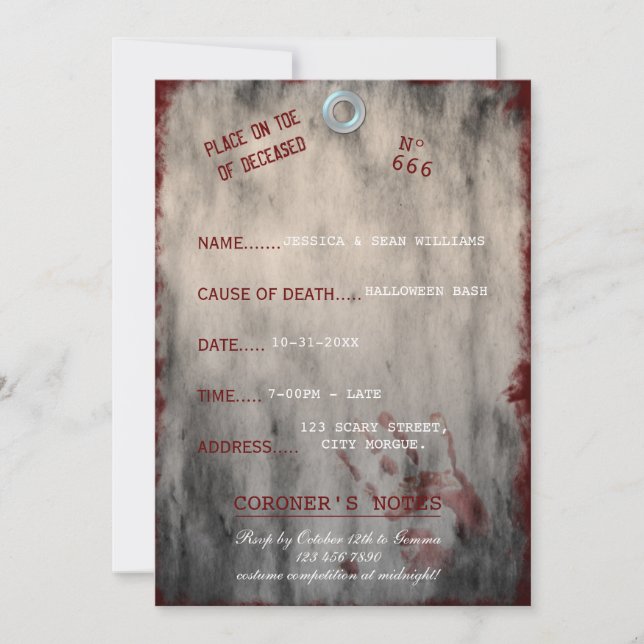 Toe Tag Style Halloween Party Invitation (Front)