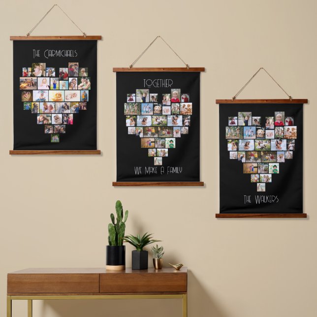Together Family Name Heart Shape 87 Photo Collage Hanging Tapestry (Asymmetrical)