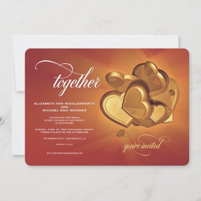 Together Golden Hearts Wedding Invitation (V4) (Front)