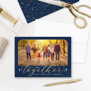 Together in 2021 Navy and Gold Family Photo Holiday Card