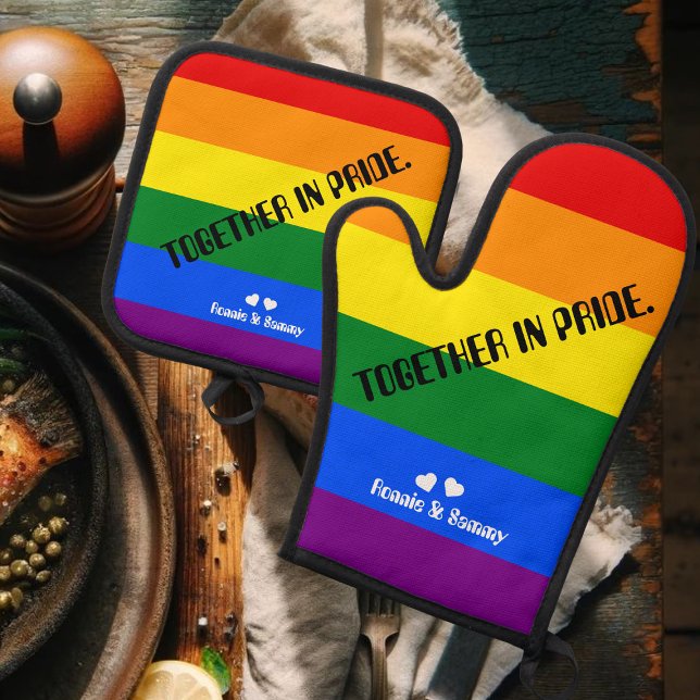 'Together in Pride.' LGBT Rainbow Flag Pride Month Oven Mitt & Pot Holder Set (Creator Uploaded)
