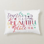 Together is a Beautiful Place to Be / Pillow<br><div class="desc">This modern decorative throw pillow features a stylish typography design, which reads "Together is a beautiful place to be." Text as well as stylistic elements (swirls, arrow, flowers, and leaves) all in multicolored watercolors. Back of the pillow is a solid coral colour, but can be customized to any colour you'd...</div>