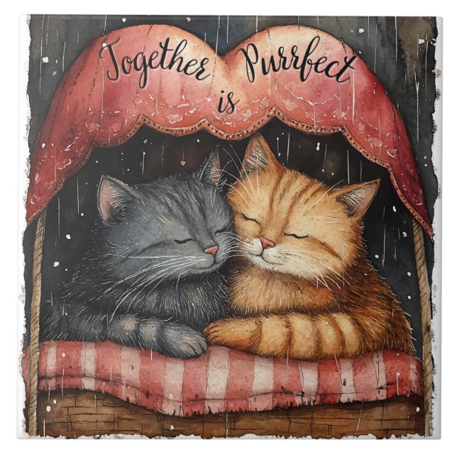 Together is Purrfect Kitty Cat Illustrated Artwork Tile (Front)