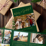 Together multi photo year in review Tri-Fold holiday card<br><div class="desc">Simple minimalist style Merry and Grateful together faux gold chic handwritten typography script family year in review 8 photo collage gallery dark green holiday card with your custom personalized text.</div>