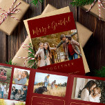 Together multi photo year in review Tri-Fold holiday card<br><div class="desc">Simple minimalist style Merry and Grateful together faux gold chic handwritten typography script family year in review 8 photo collage gallery dark red holiday card with your custom personalized text.</div>