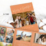 Together multi photo year in review Tri-Fold holiday card<br><div class="desc">Simple minimalist style Merry and Grateful together chic handwritten typography script family year in review 8 photo collage gallery orange apricot holiday card with your custom personalized text.</div>