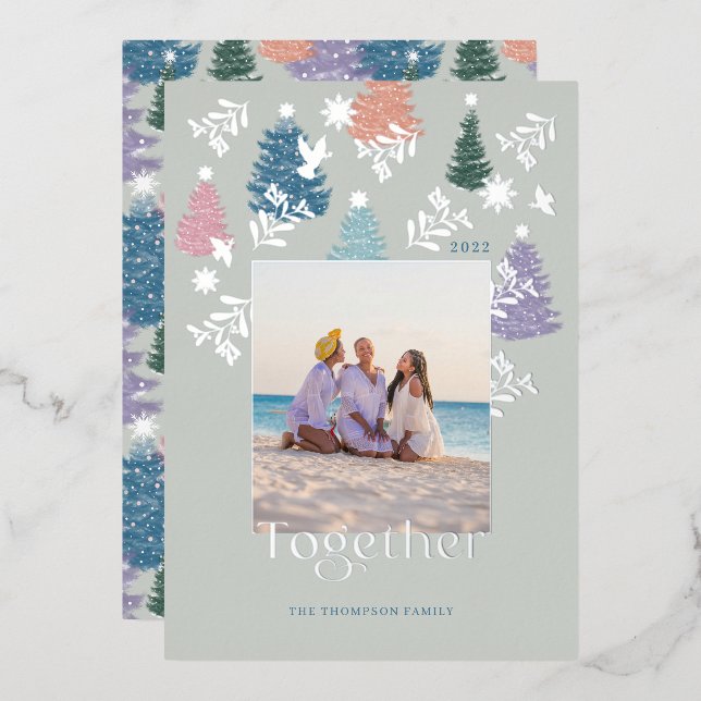 Together Pastel Christmas Tree Forest Family Photo Foil Holiday Card (Front/Back)