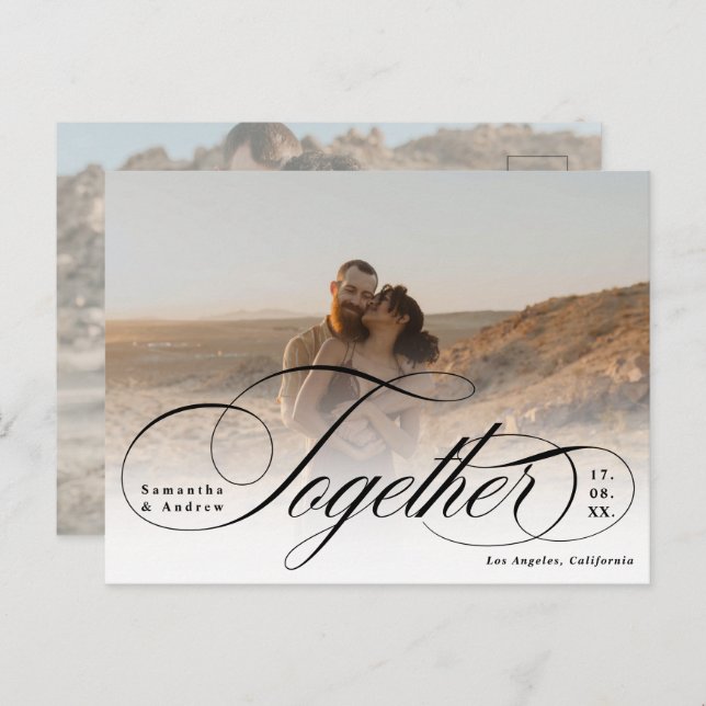 Together script elegant 2 photos save the date postcard (Front/Back)
