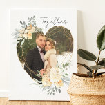 Together Wedding Photo in Geometric Floral Heart F Canvas Print<br><div class="desc">Custom Photo Canvas displaying your favourite photo in a geometric heart shaped gold frame. The frame is decorated with watercolor bouquets of cream and apricot flowers. It is lettered with the word "together" in elegant casual, handwritten script on a neutral, almond white background, all of which you can edit if...</div>