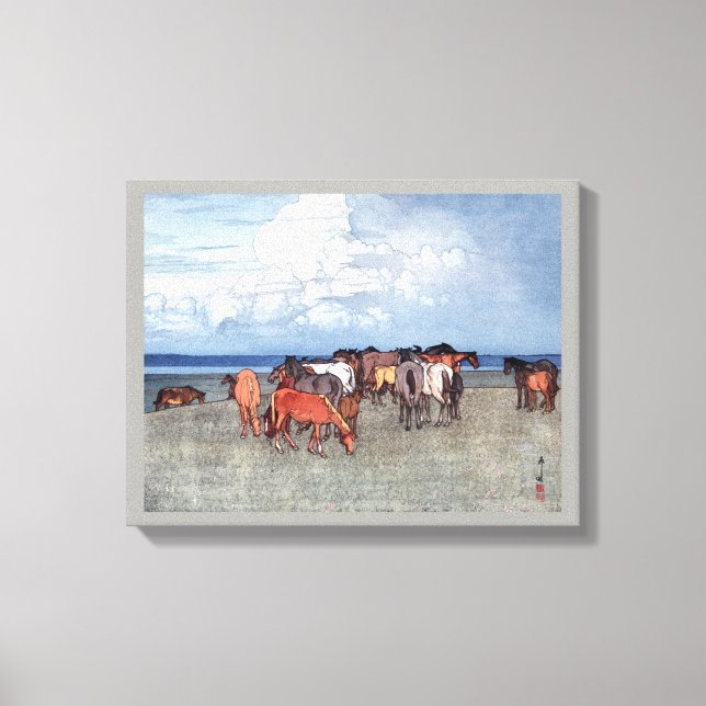 Toile 沼 崎 場, Chevaux, Hiroshi Yoshida, Bois (Recto)