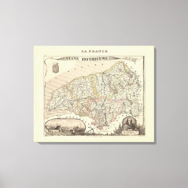 Toile 1858 Carte de Seine Inferieure Département, France (Recto)