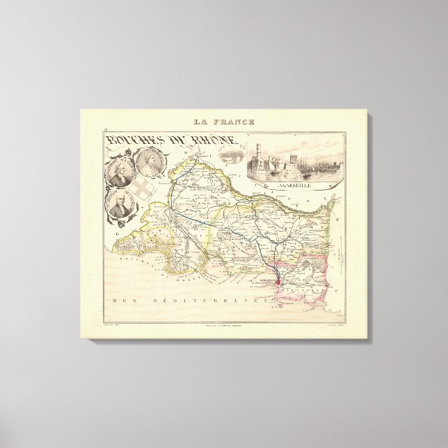 Toile 1858 Carte du département des Bouches du Rhône, Fr (Recto)