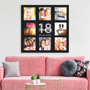 Toile 18e anniversaire noir photo nom collage