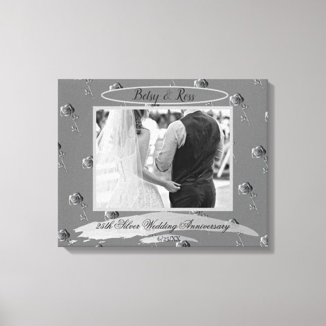 Toile "25e anniversaire du Mariage d'argent" Roses d'arg (Recto)